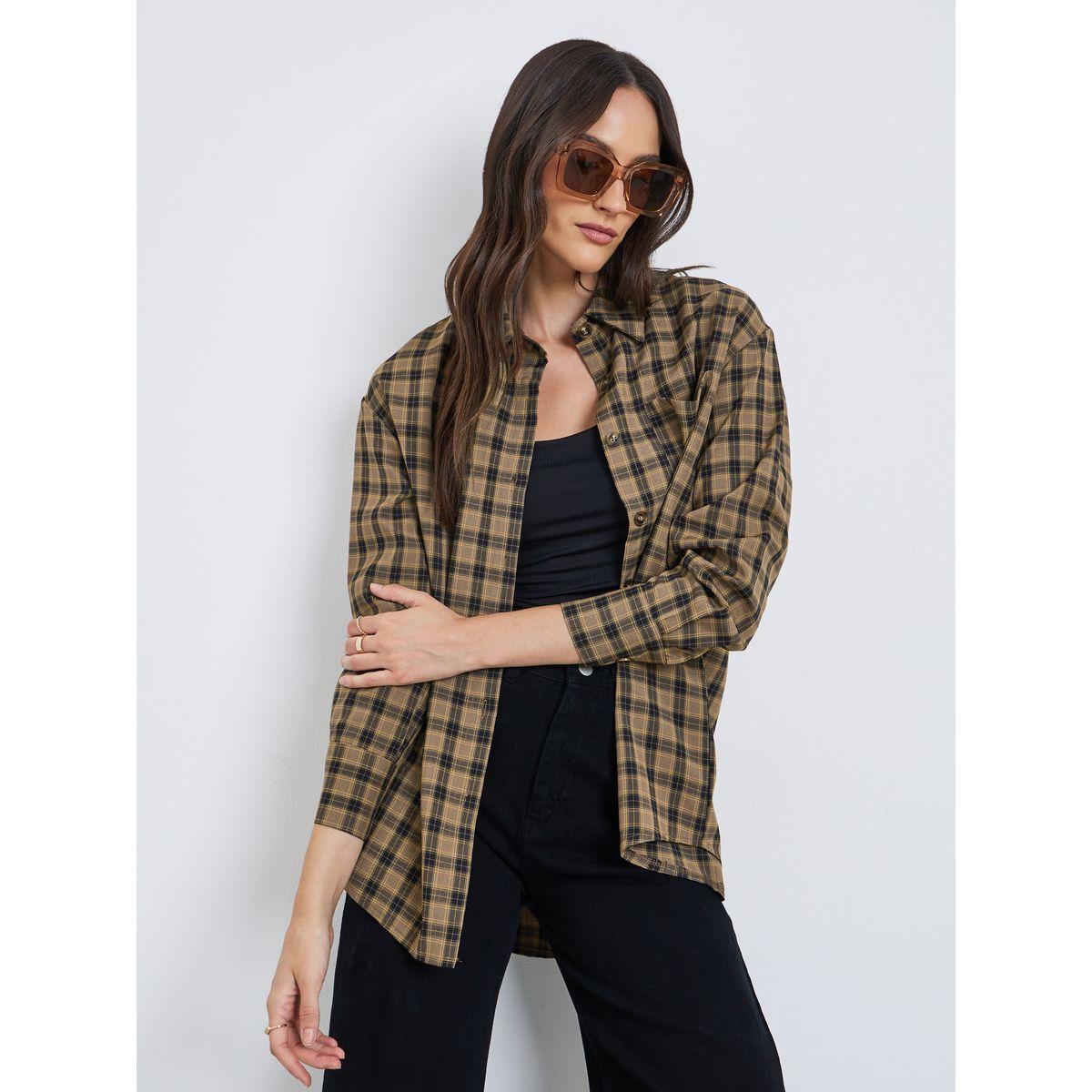 Styli Checkered Print Spread Collar Oversized Shirt-women-clothing-shirtsandblouses-shirts-image-1