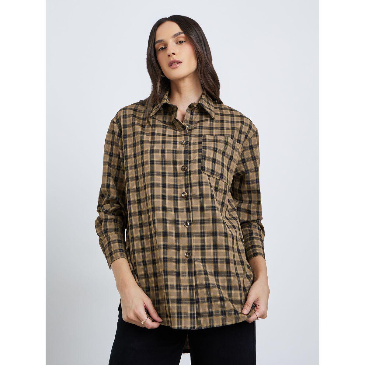 Styli Checkered Print Spread Collar Oversized Shirt-women-clothing-shirtsandblouses-shirts-image-3