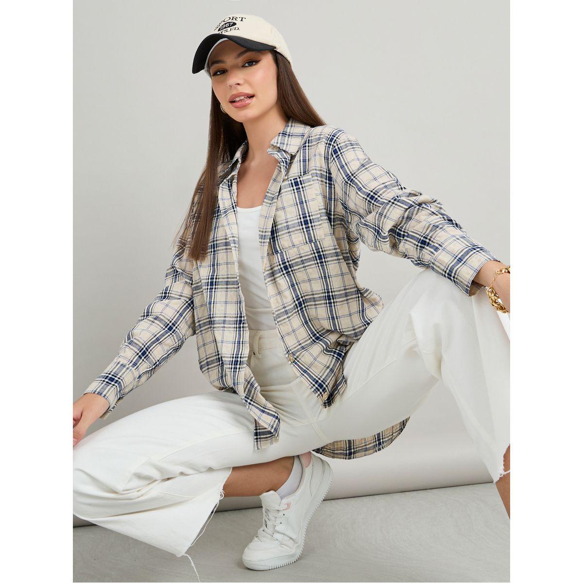 Styli Checkered Print Oversized Longline Shirt-women-clothing-shirtsandblouses-shirts-image-1