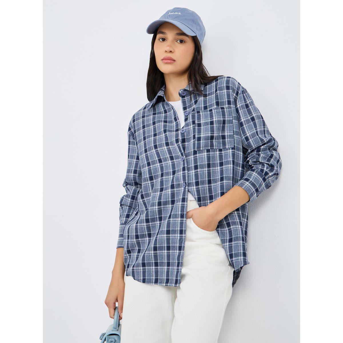 Styli Checkered Print Spread Collar Oversized Shirt-women-clothing-shirtsandblouses-shirts-image-1