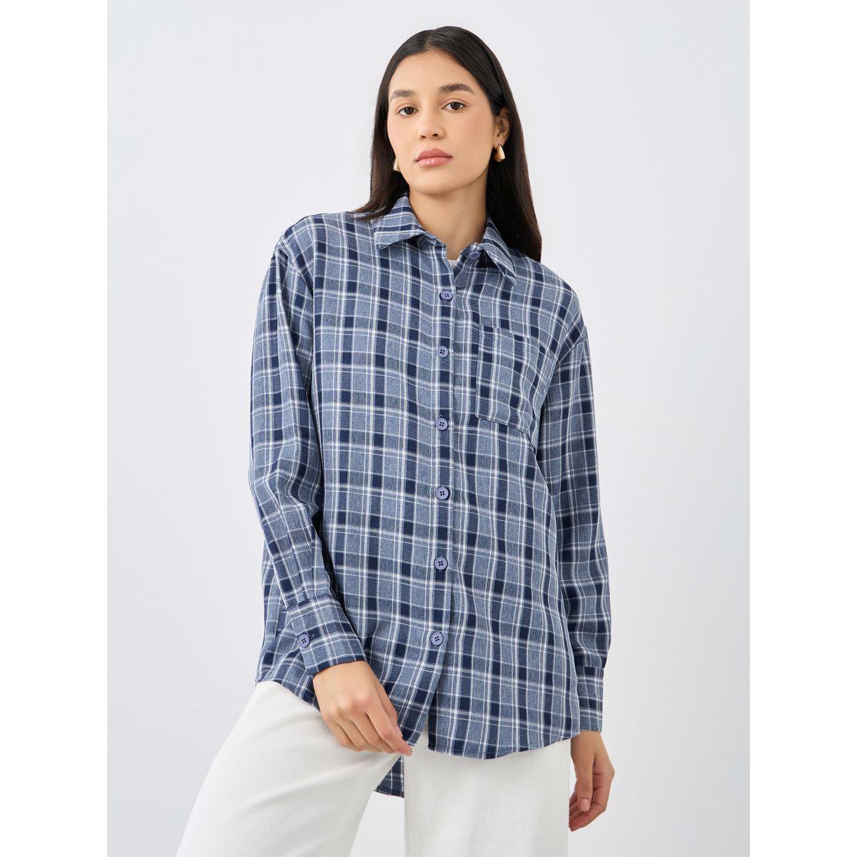 Styli Checkered Print Spread Collar Oversized Shirt-women-clothing-shirtsandblouses-shirts-image-3