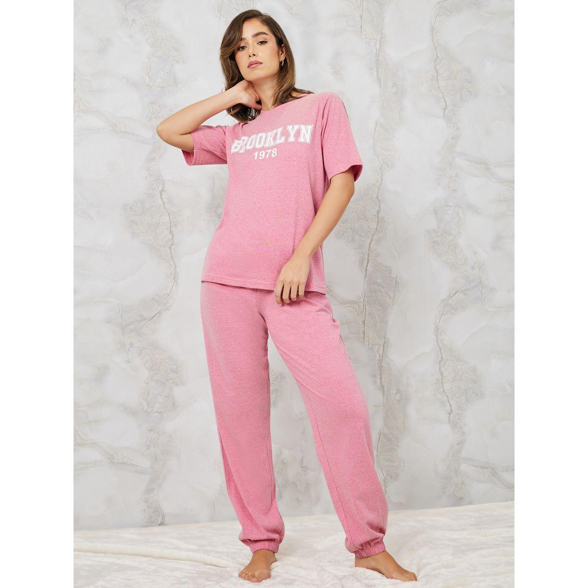 Styli Unwind Brooklyn Print T-Shirt & Solid Pyjama Set-women-clothing-nightwear-pyjamas-longsets-image-1
