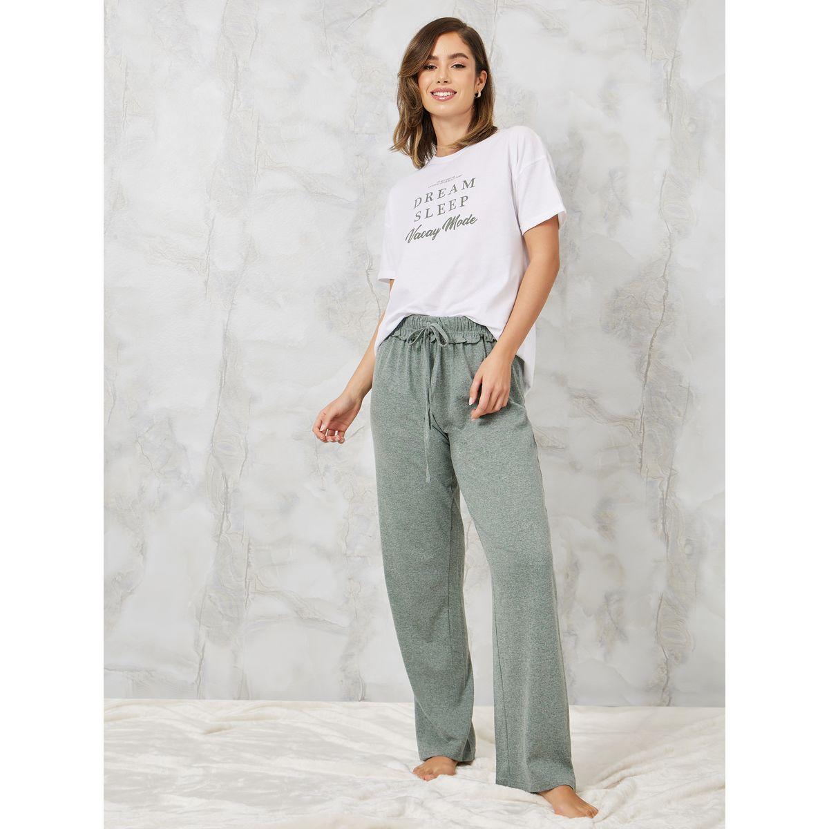 Styli Unwind Slogan Printed T-Shirt & Ruffle Waist Pyjama Set-women-clothing-nightwear-pyjamas-longsets-image-1