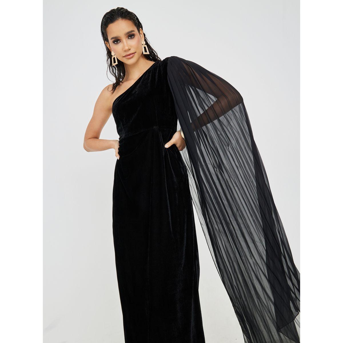Styli One Shoulder Neck Sheath Maxi Dress with Pleated Cape-women-clothing-dresses-image-2