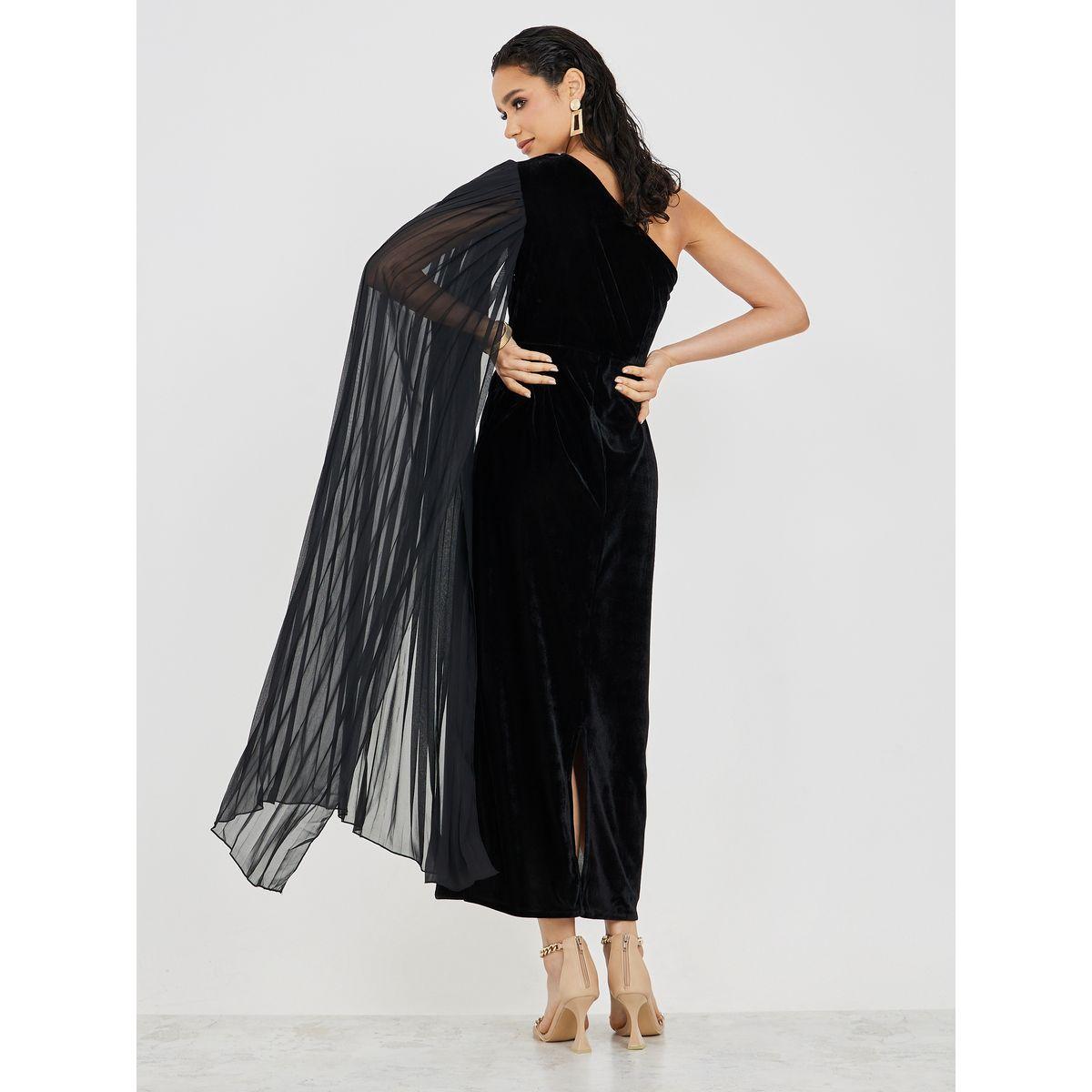 Styli One Shoulder Neck Sheath Maxi Dress with Pleated Cape-women-clothing-dresses-image-4