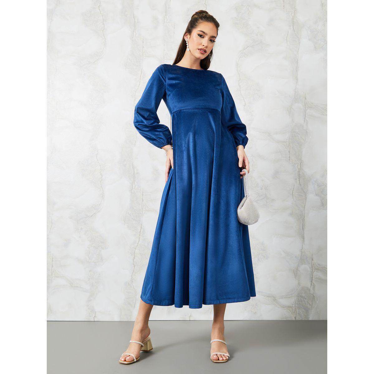 Styli Cuffed Volume Sleeve Solid A-Line Midi Dress-women-clothing-dresses-image-1