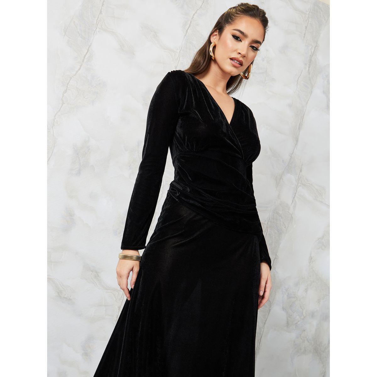Styli Velvet V Neck A-Line Maxi Dress-women-clothing-dresses-image-2