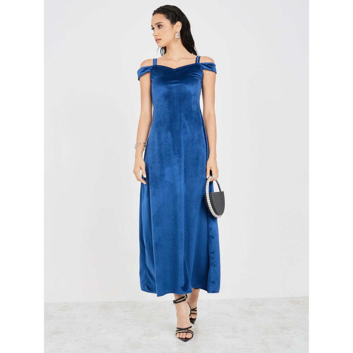 Styli Velvet Cold Shoulder Sleeve A-Line Maxi Dress-women-clothing-dresses-image-1