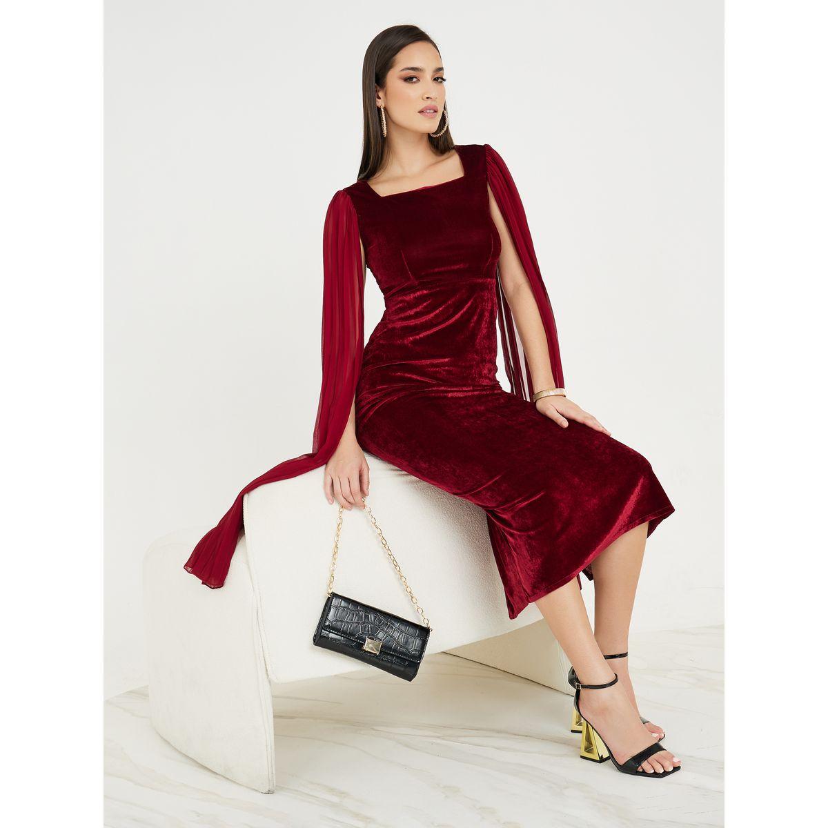 فستان ميدي مخمل بأكمام مشقوقة-women-clothing-dresses-image-1