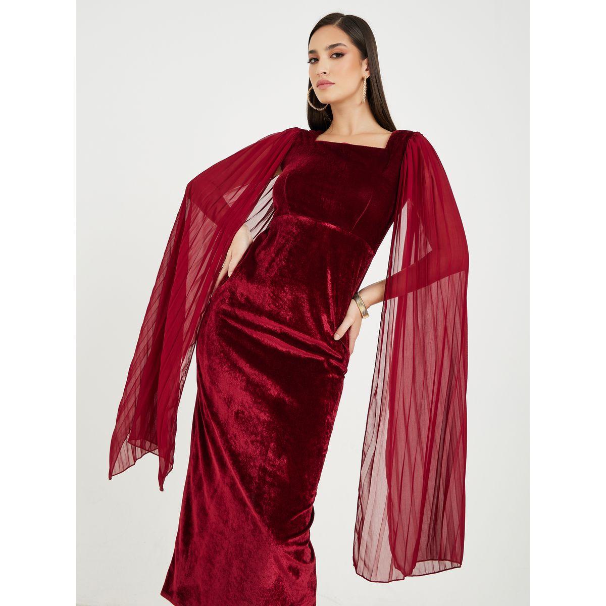 Styli Pleated Slit Sleeve Velvet Sheath Midi Dress-women-clothing-dresses-image-3