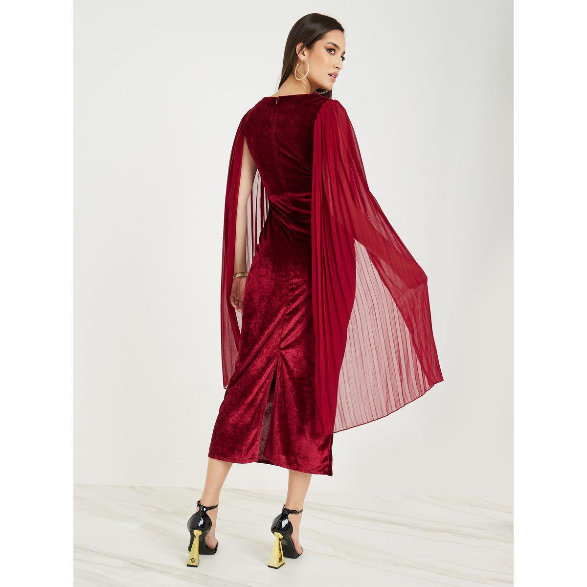 Styli Pleated Slit Sleeve Velvet Sheath Midi Dress-women-clothing-dresses-image-5
