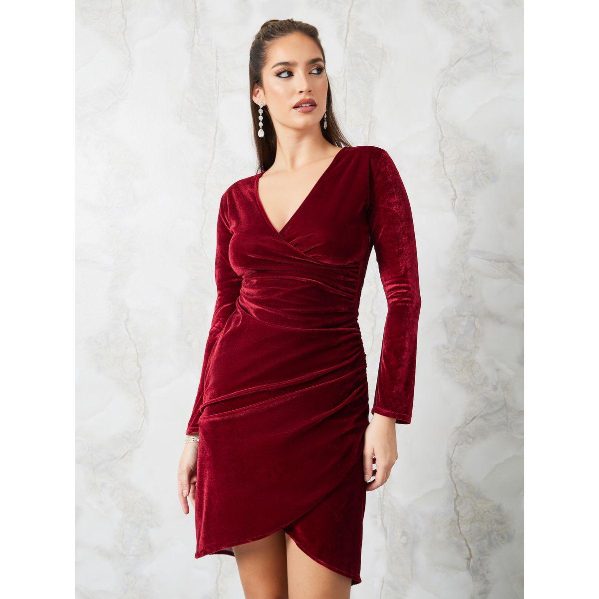 Styli Gathered Wrap Front Velvet Mini Dress-women-clothing-dresses-image-2