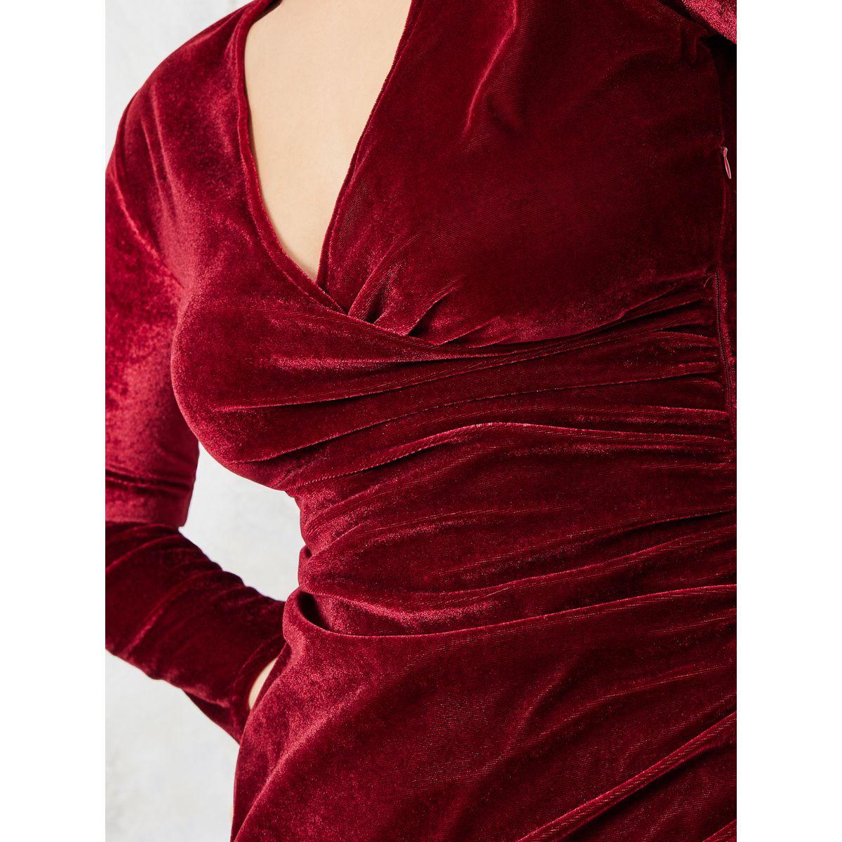 Styli Gathered Wrap Front Velvet Mini Dress-women-clothing-dresses-image-3