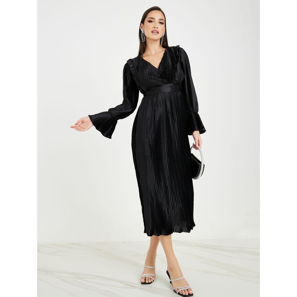 Styli Wrap Front Pleated A-Line Midi Dress with Bell Sleeve-women-clothing-dresses-image-1