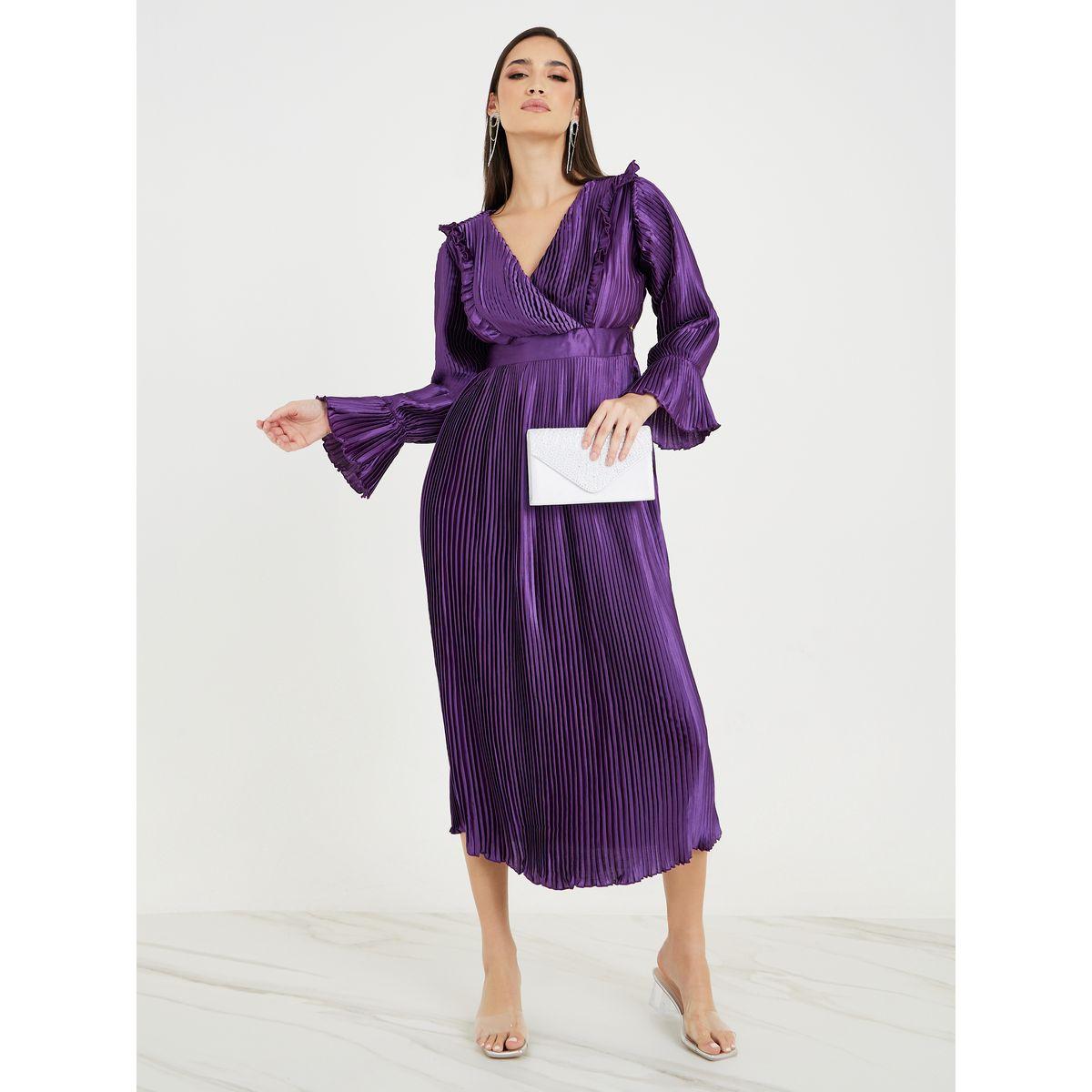 Styli Wrap Front Pleated A-Line Midi Dress with Bell Sleeve-women-clothing-dresses-image-1