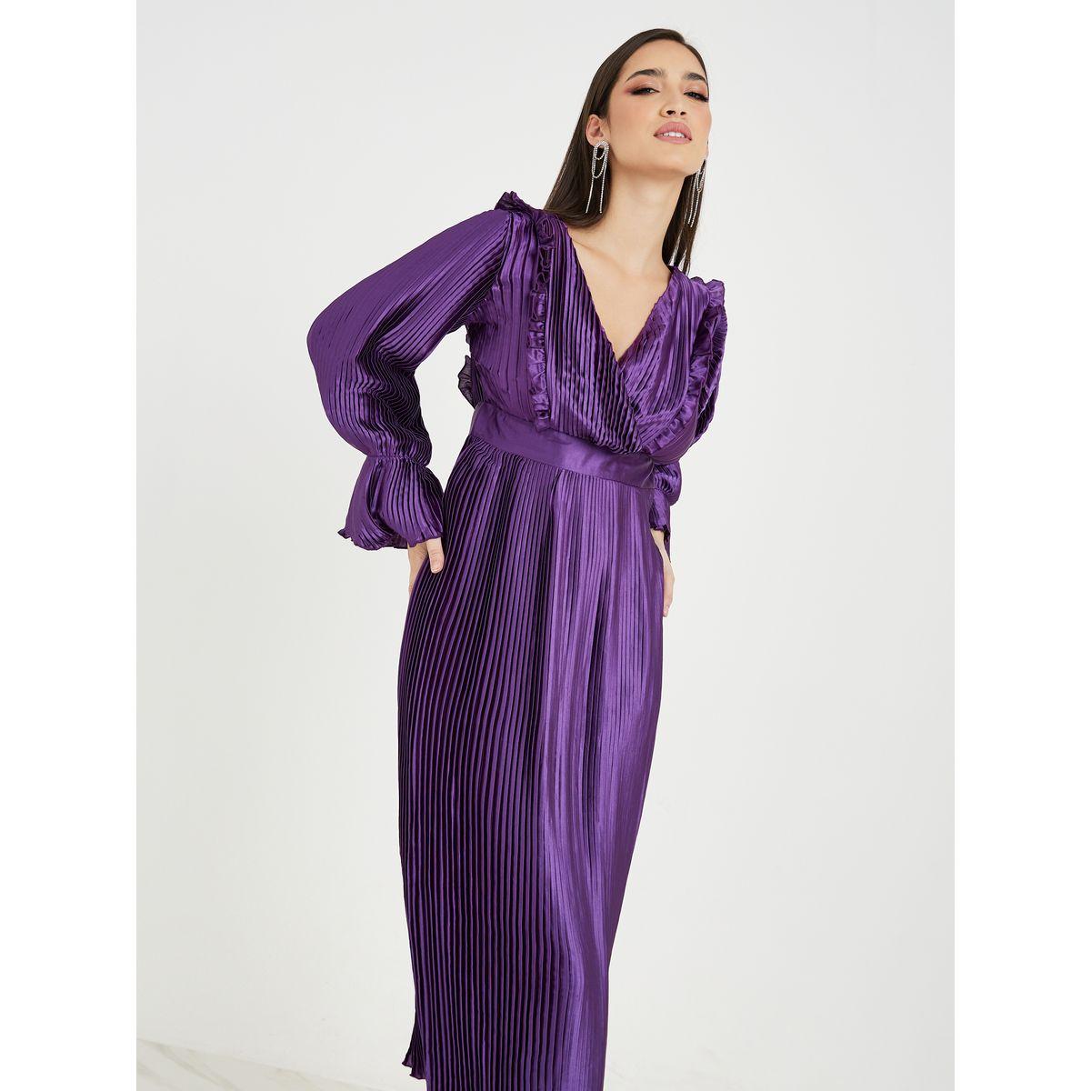 Styli Wrap Front Pleated A-Line Midi Dress with Bell Sleeve-women-clothing-dresses-image-2