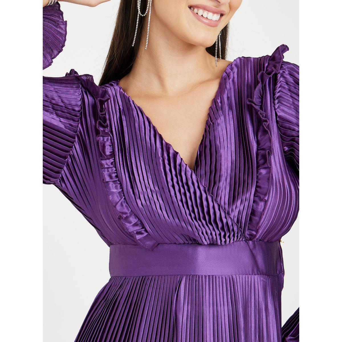 Styli Wrap Front Pleated A-Line Midi Dress with Bell Sleeve-women-clothing-dresses-image-3