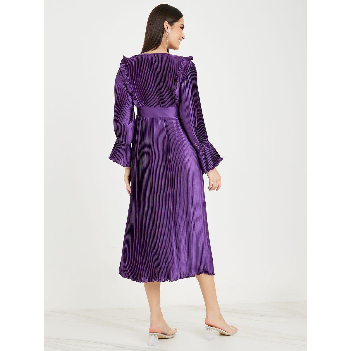 Styli Wrap Front Pleated A-Line Midi Dress with Bell Sleeve-women-clothing-dresses-image-4