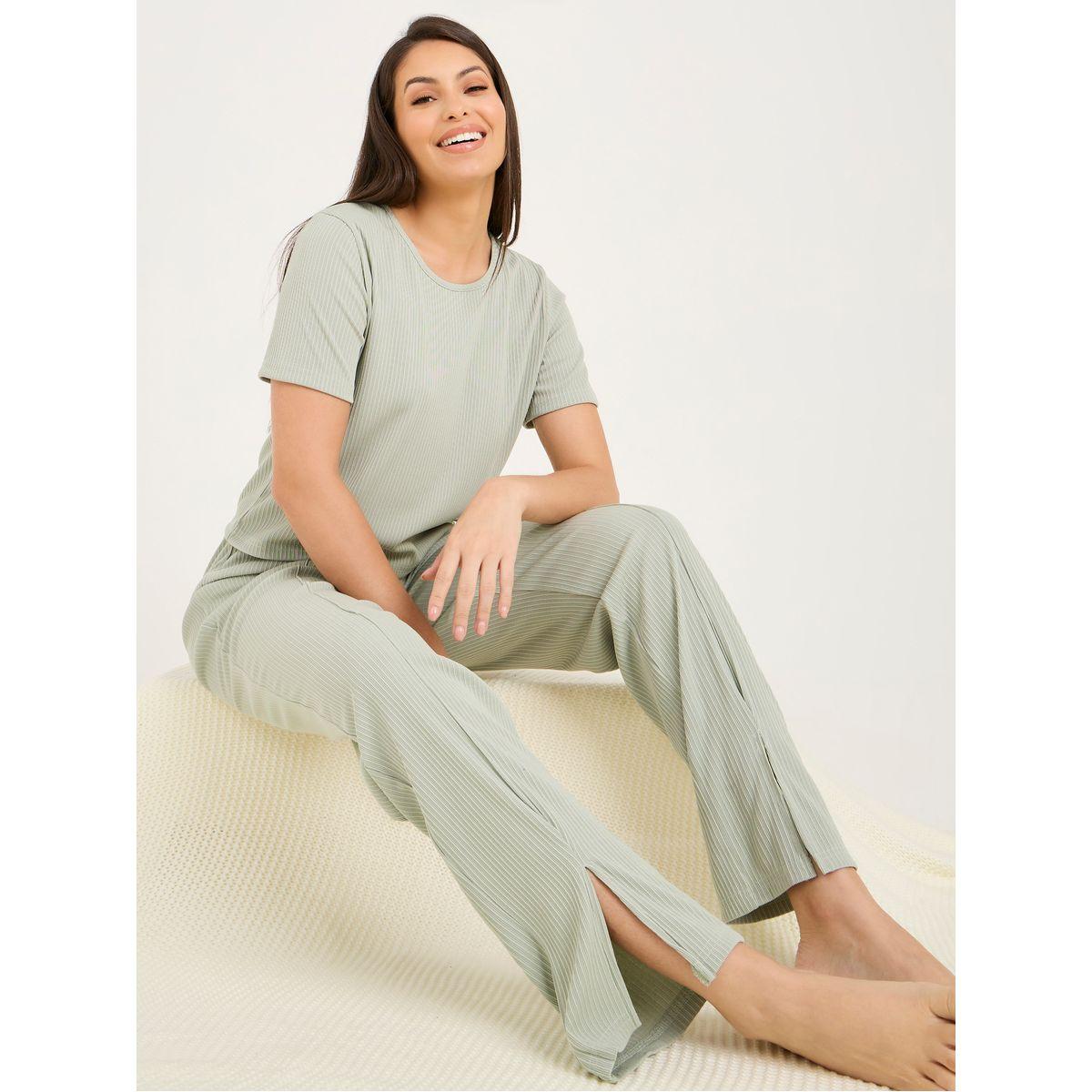 Styli Unwind Solid Ribbed T-Shirt & Exposed Seam Front Slit Pyjama Set-women-clothing-nightwear-pyjamas-longsets-image-1