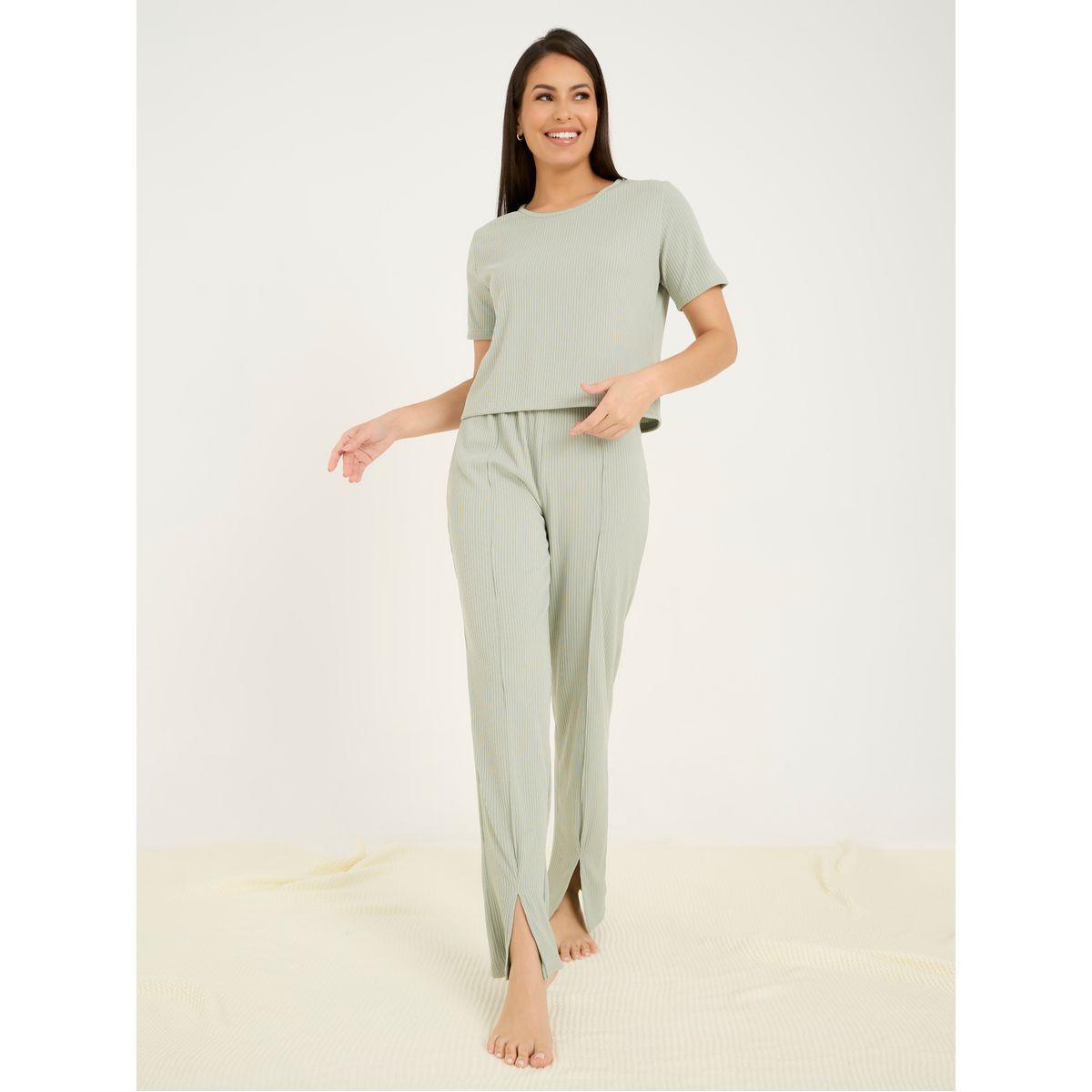 Styli Unwind Solid Ribbed T-Shirt & Exposed Seam Front Slit Pyjama Set-women-clothing-nightwear-pyjamas-longsets-image-2
