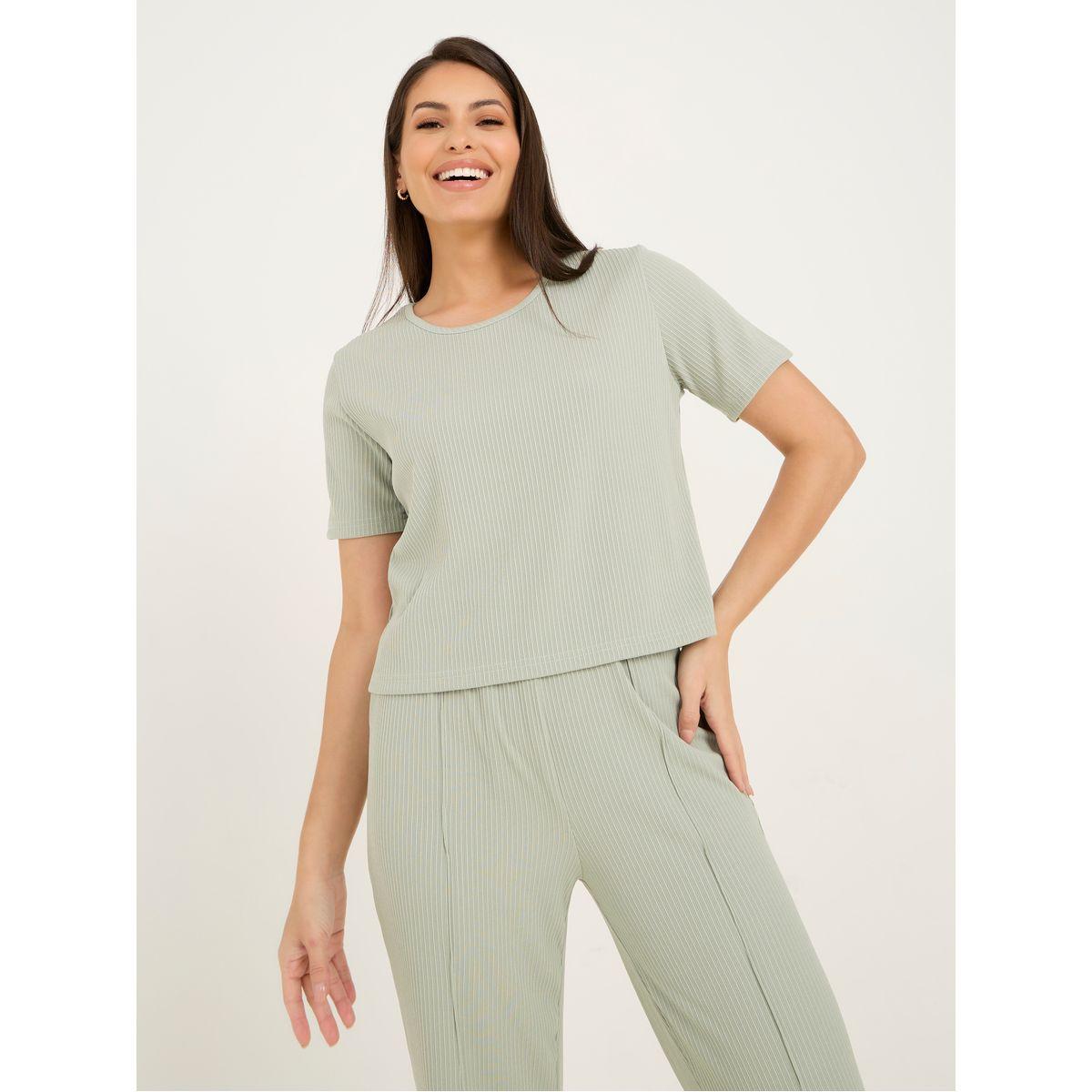 Styli Unwind Solid Ribbed T-Shirt & Exposed Seam Front Slit Pyjama Set-women-clothing-nightwear-pyjamas-longsets-image-3