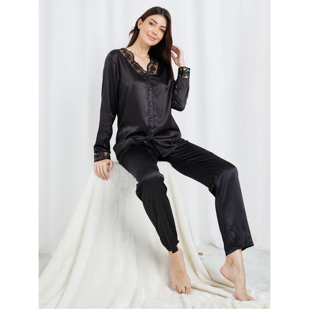 Styli Unwind Floral Embroidered Lace Edge Trim Satin Shirt & Pyjama Set-women-clothing-nightwear-pyjamas-longsets-image-1