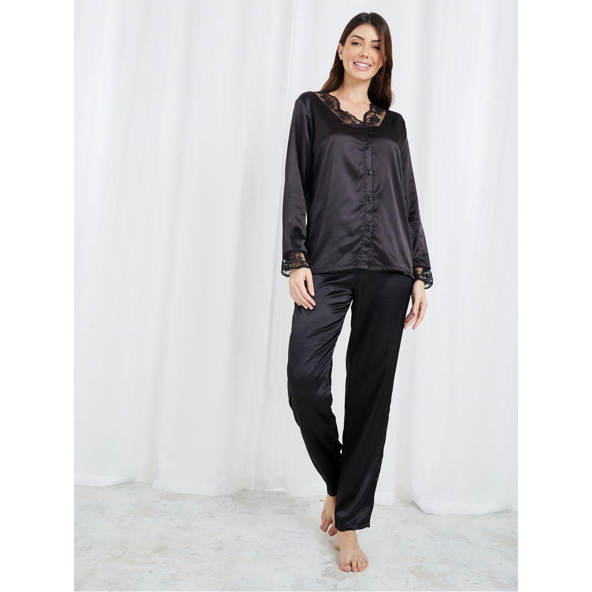 Styli Unwind Floral Embroidered Lace Edge Trim Satin Shirt & Pyjama Set-women-clothing-nightwear-pyjamas-longsets-image-2