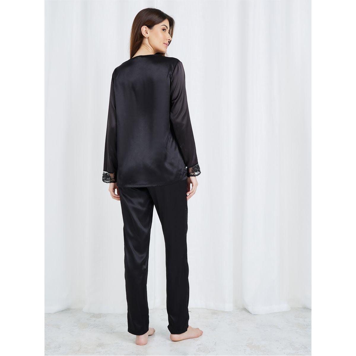 Styli Unwind Floral Embroidered Lace Edge Trim Satin Shirt & Pyjama Set-women-clothing-nightwear-pyjamas-longsets-image-6