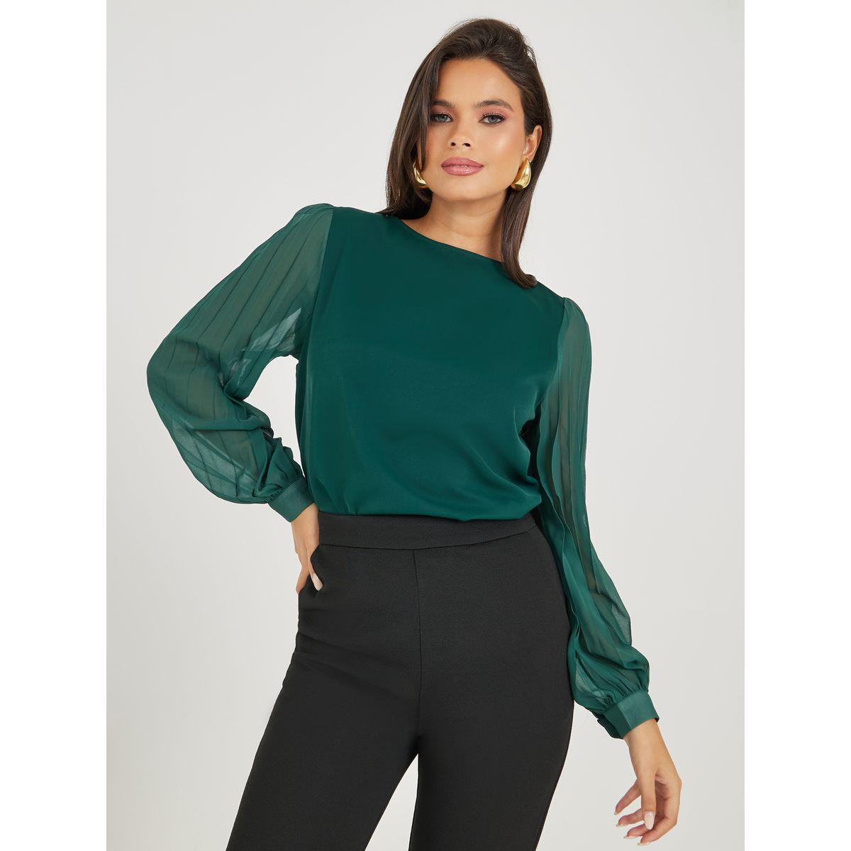 Styli Pleated Balloon Sleeve Round Neck Blouse-women-clothing-shirtsandblouses-blouses-image-1