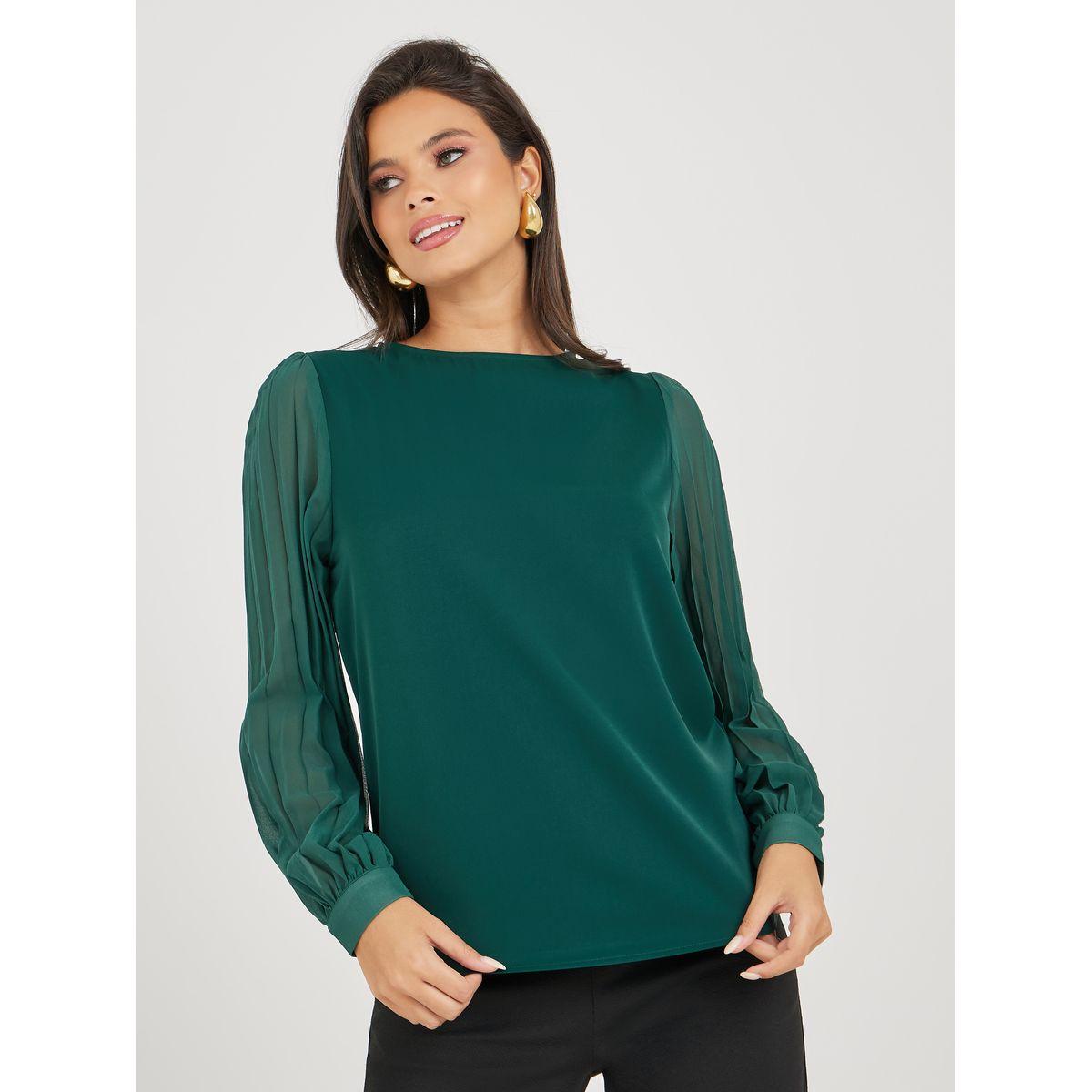 Styli Pleated Balloon Sleeve Round Neck Blouse-women-clothing-shirtsandblouses-blouses-image-3