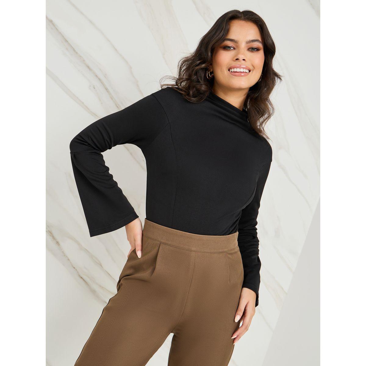 Styli Drape Neck Bodysuit with Flute Sleeve-women-clothing-tshirts-image-2