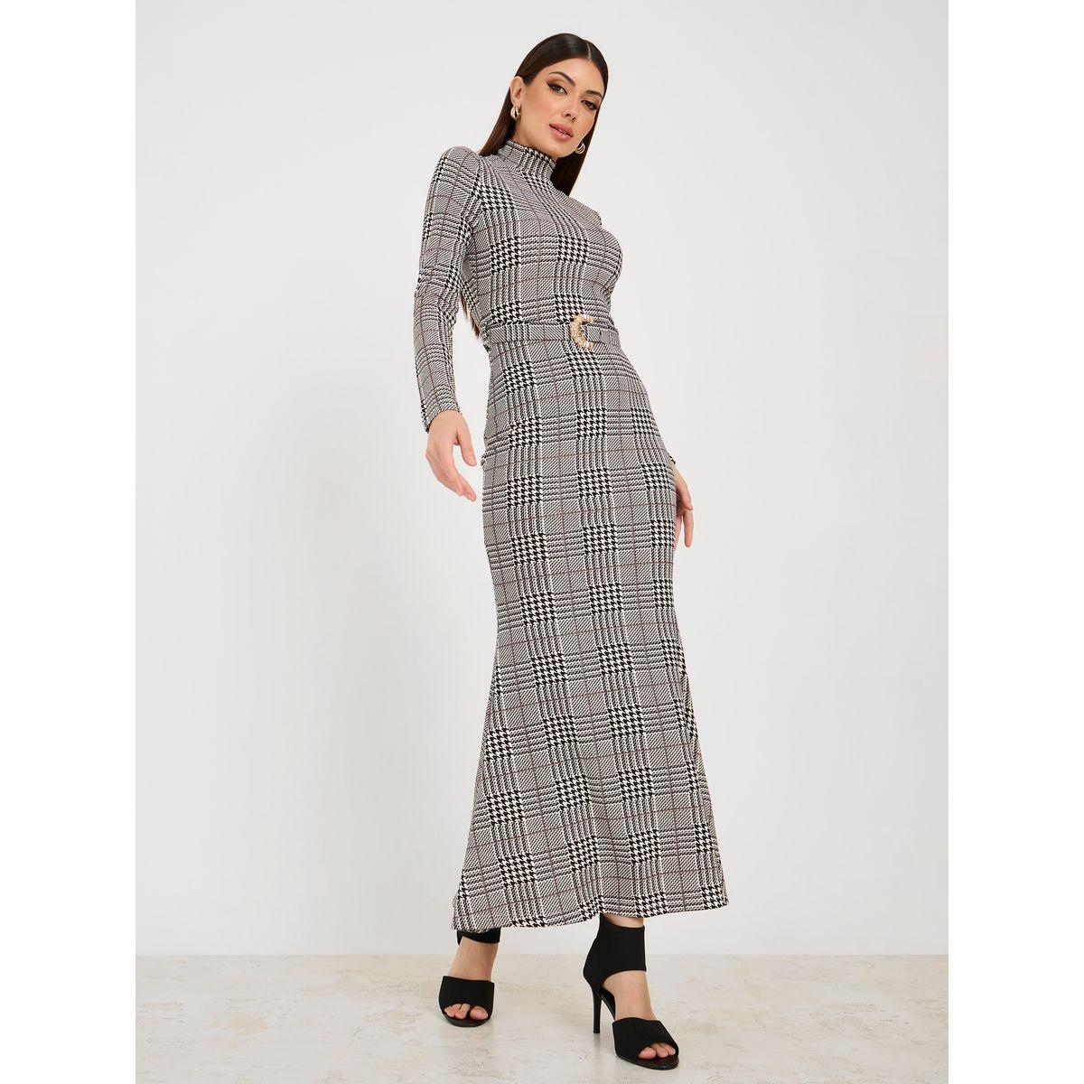 Styli Checked High Neck Belted Sheath Maxi Dress-women-clothing-dresses-image-1