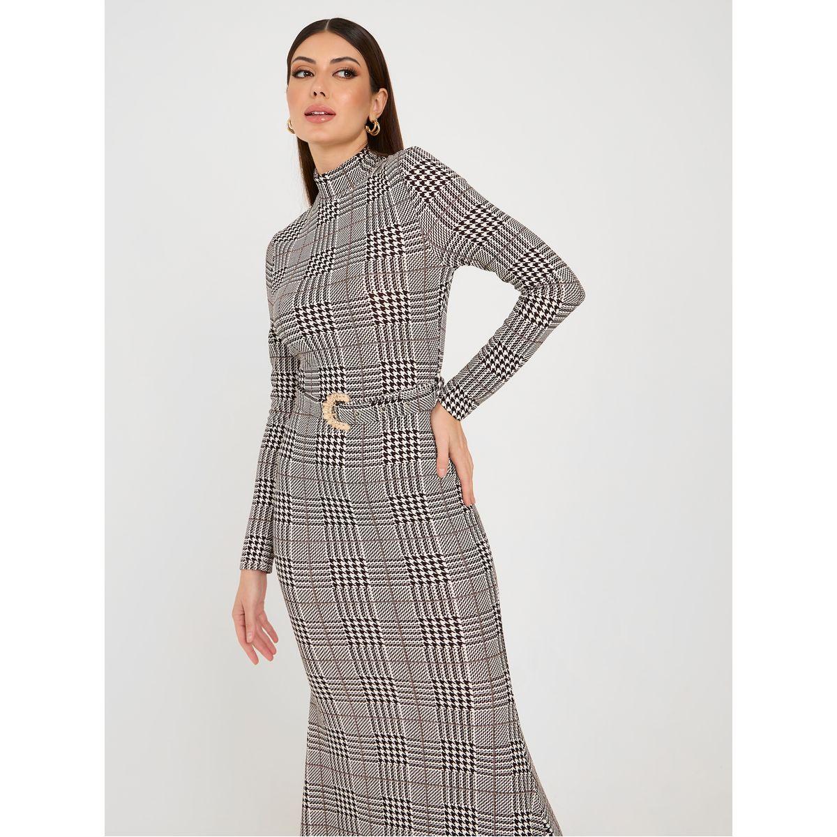 Styli Checked High Neck Belted Sheath Maxi Dress-women-clothing-dresses-image-2
