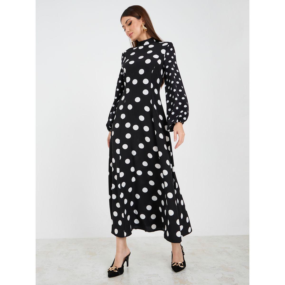 Styli Polka Dot High Neck A-Line Maxi Dress-women-clothing-dresses-image-1
