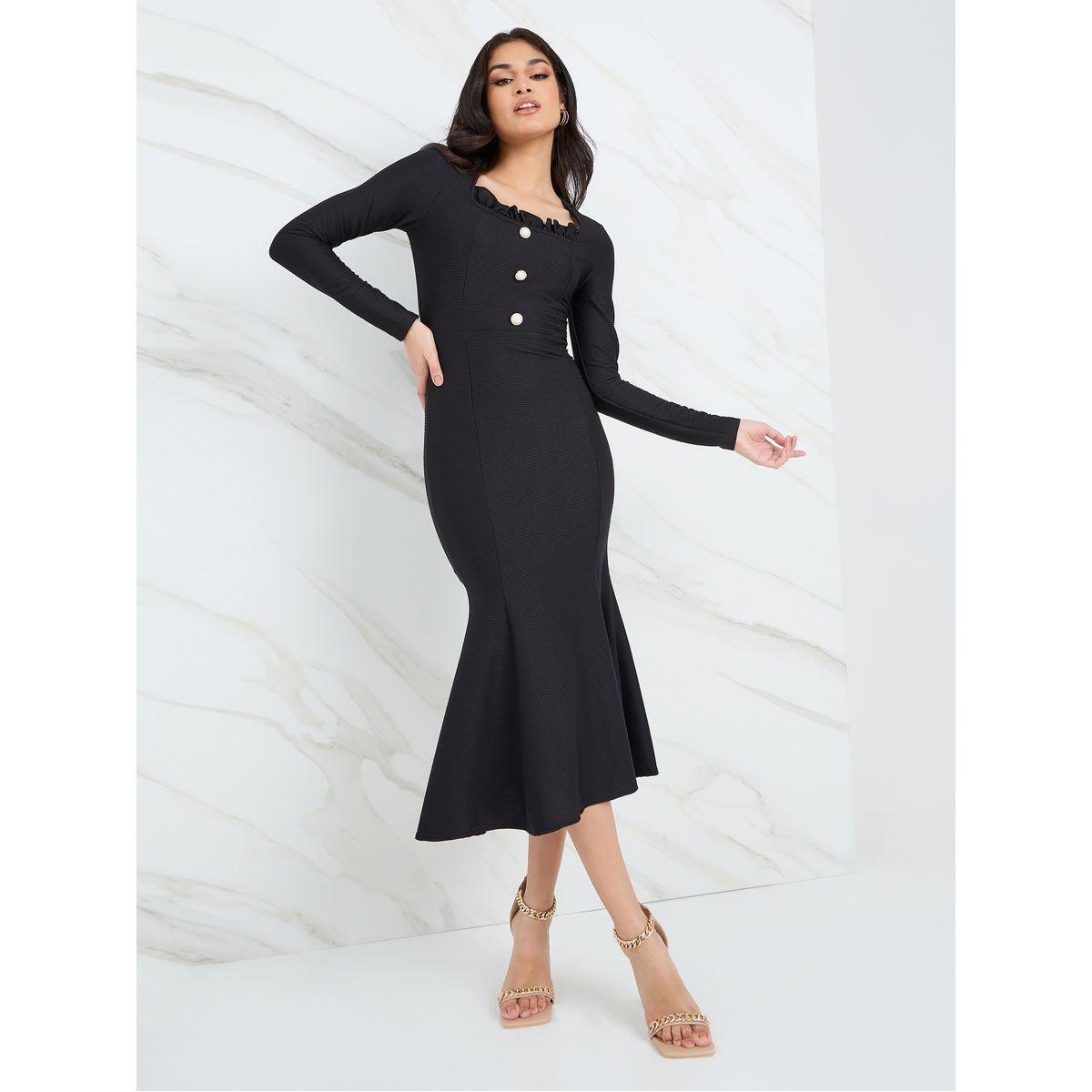 Styli Square Neck Button Detail Bodycon Midi Dress-women-clothing-dresses-image-1