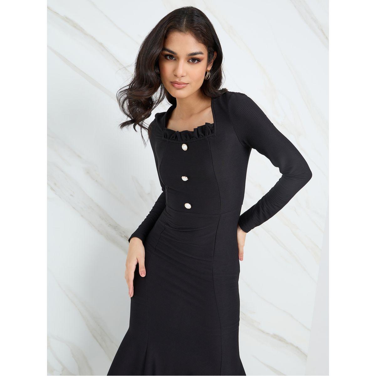 Styli Square Neck Button Detail Bodycon Midi Dress-women-clothing-dresses-image-2