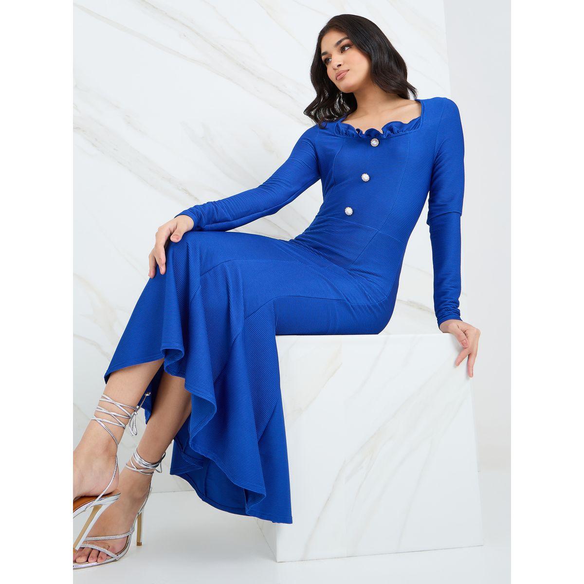 Styli Square Neck Button Detail Bodycon Midi Dress-women-clothing-dresses-image-1