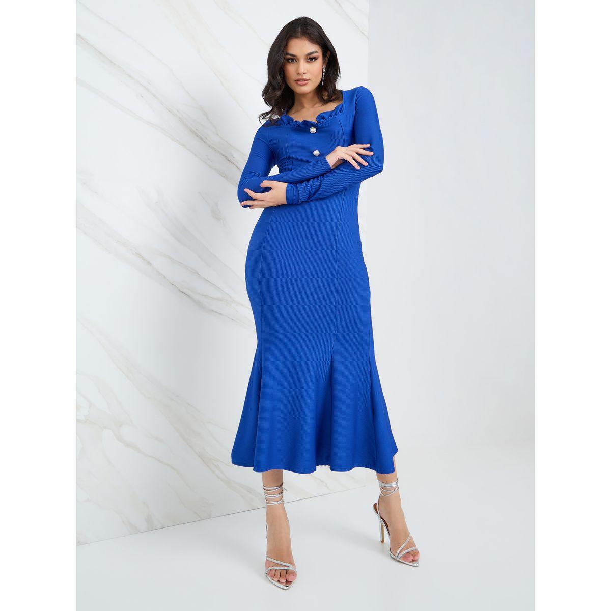 Styli Square Neck Button Detail Bodycon Midi Dress-women-clothing-dresses-image-2