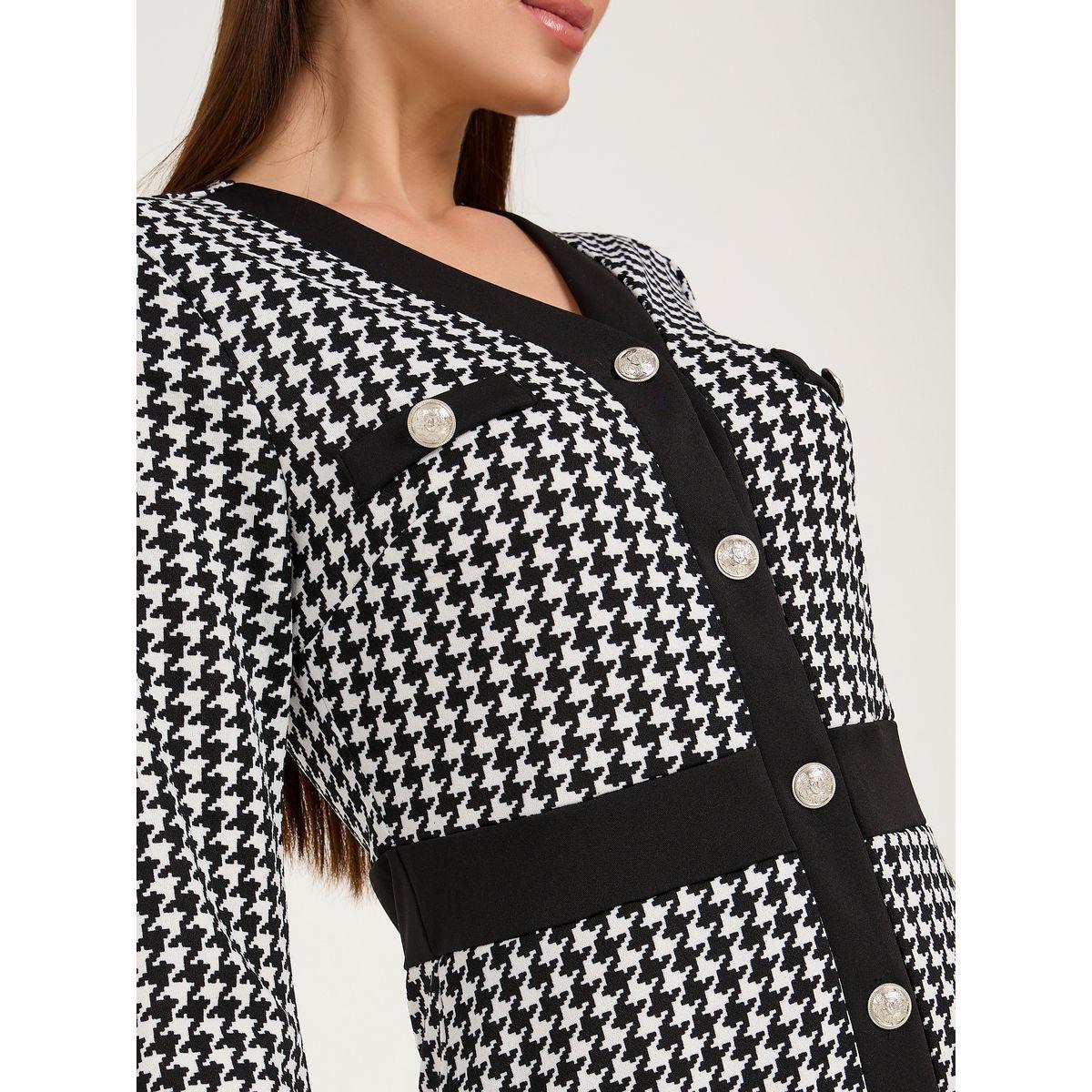 Styli Houndstooth Detail V Neck Bodycon Midi Dress-women-clothing-dresses-image-3
