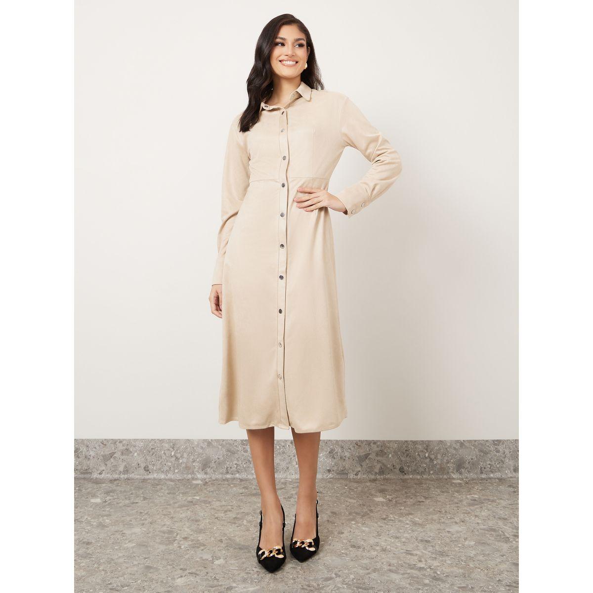 Styli Suede Look Shirt Midi Dress with Button Placket-women-clothing-dresses-image-1