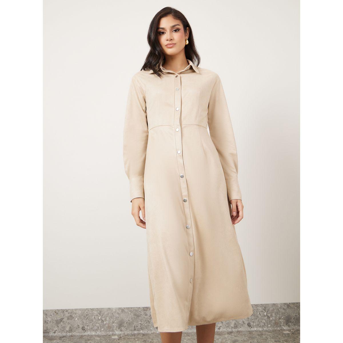 Styli Suede Look Shirt Midi Dress with Button Placket-women-clothing-dresses-image-2