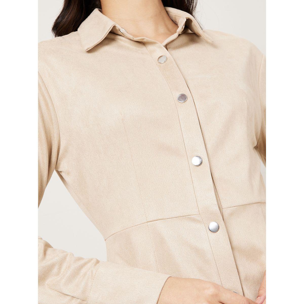 Styli Suede Look Shirt Midi Dress with Button Placket-women-clothing-dresses-image-3