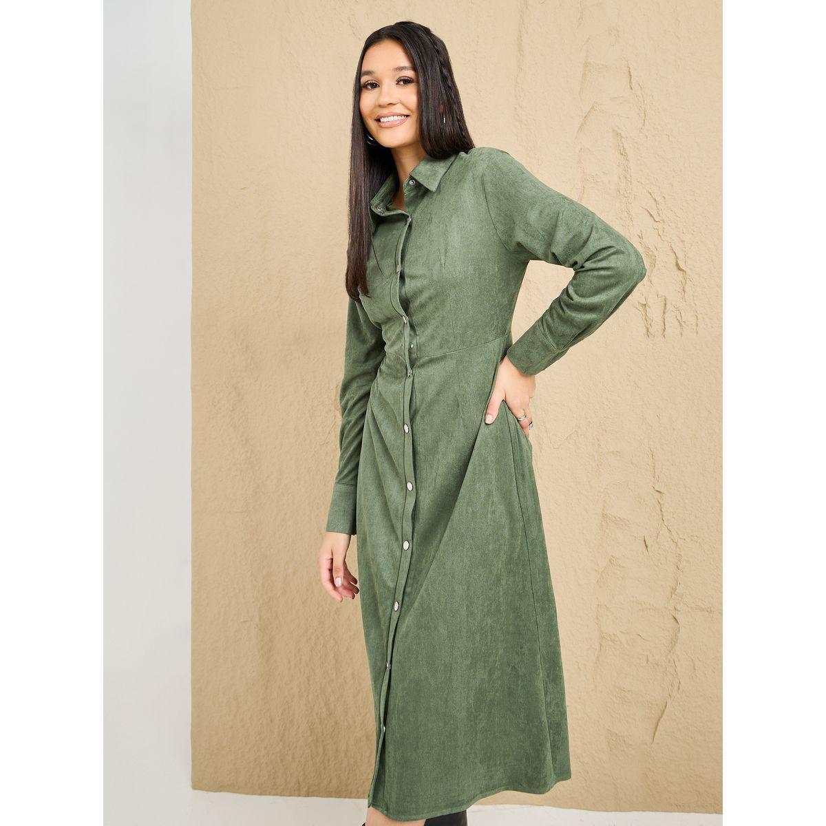Styli Suede Look Shirt Midi Dress with Button Placket-women-clothing-dresses-image-2