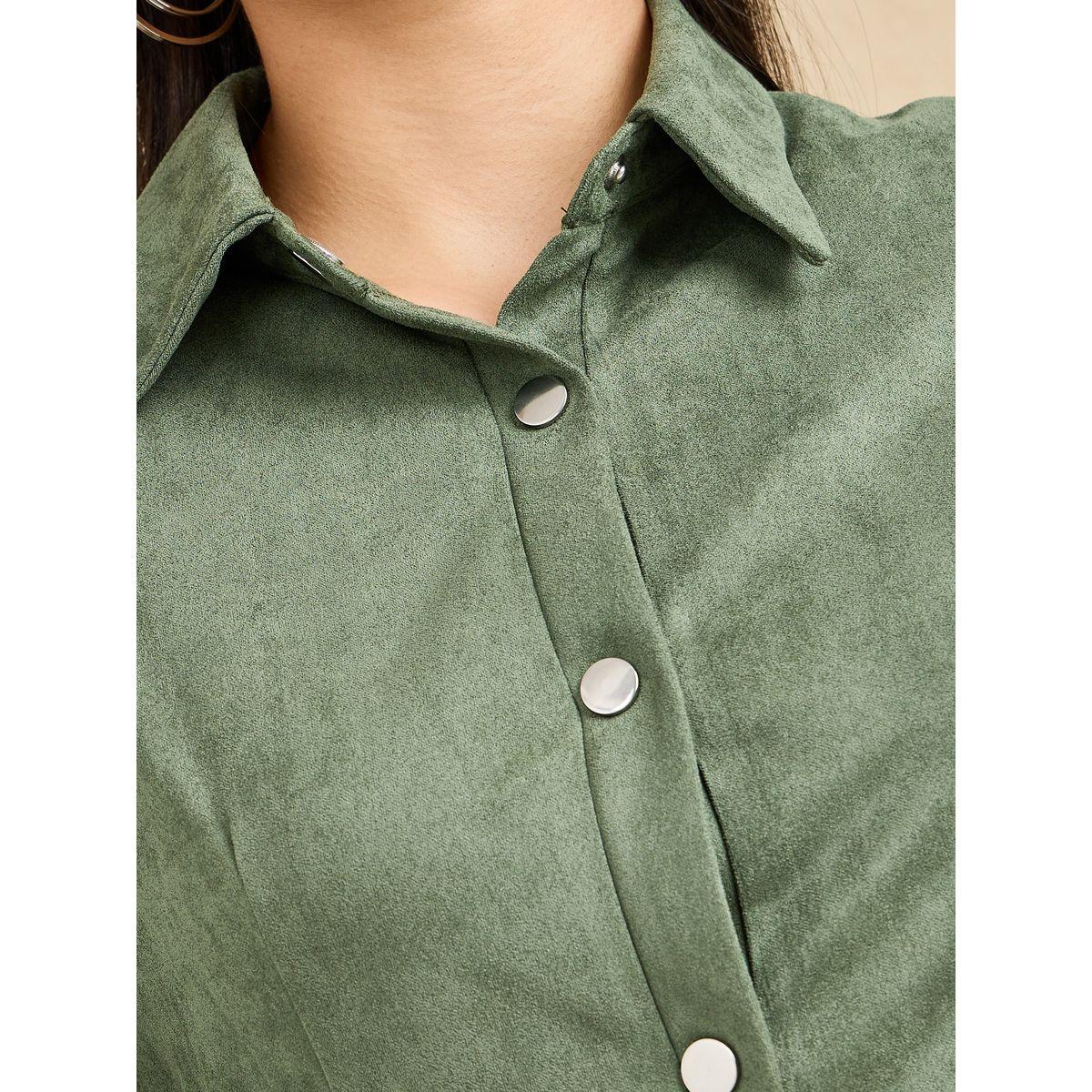 Styli Suede Look Shirt Midi Dress with Button Placket-women-clothing-dresses-image-3