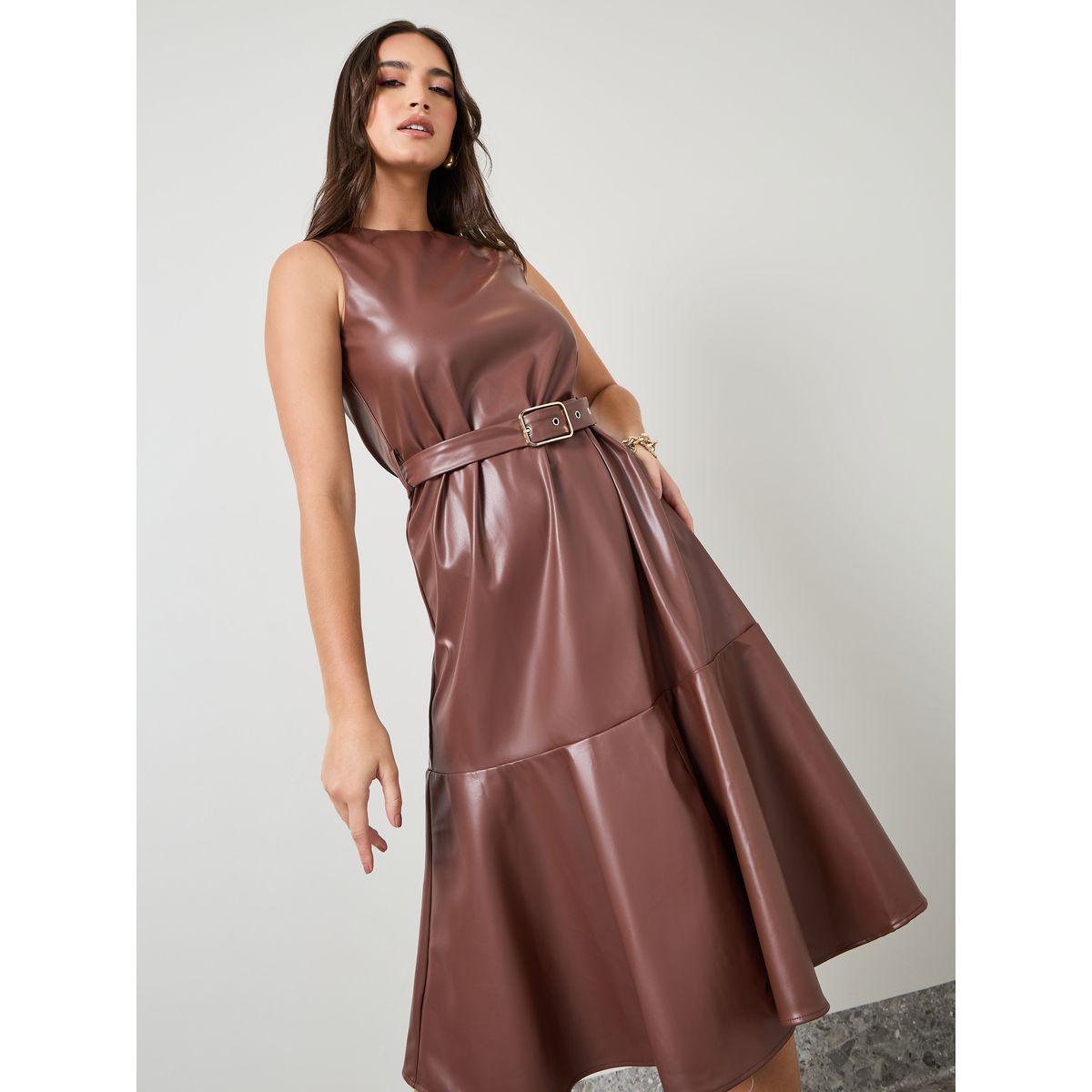 Styli Sleeveless Leather Look Belted Midi Dress-women-clothing-dresses-image-2