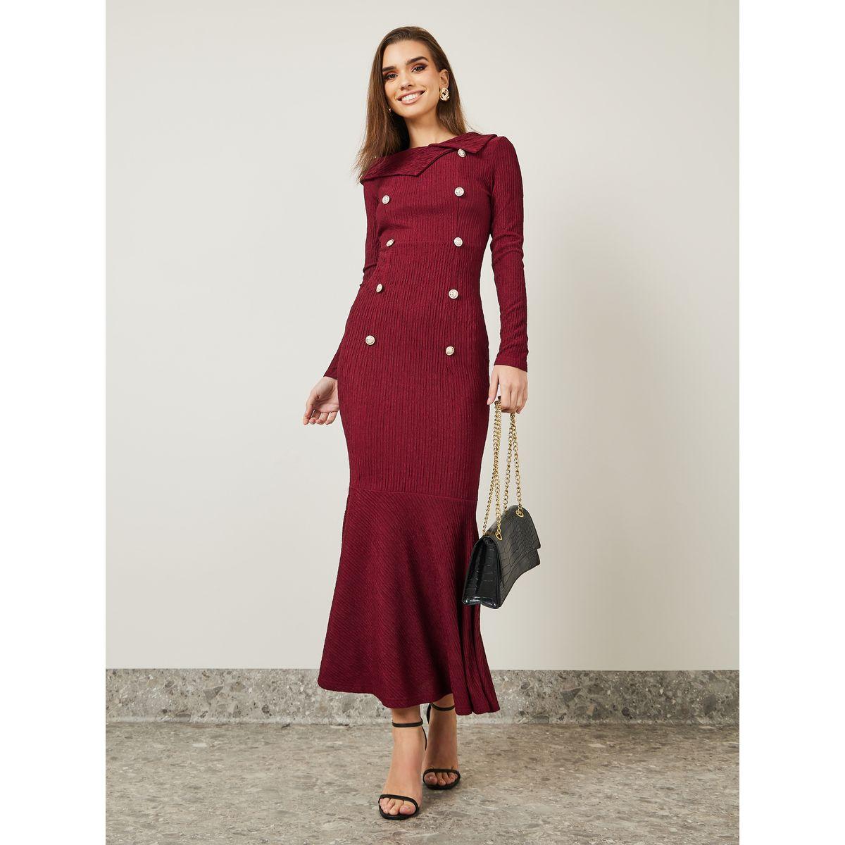 فستان طويل بياقة غير متماثلة الطول-women-clothing-dresses-image-1