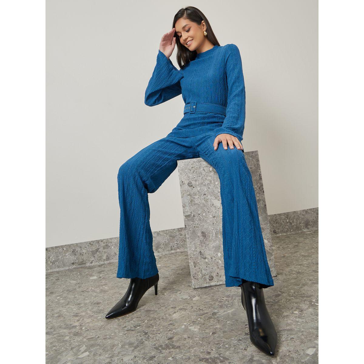 Styli Textured Knit Belted Top & Flared Pants Co-Ords-women-clothing-coordsets-image-1