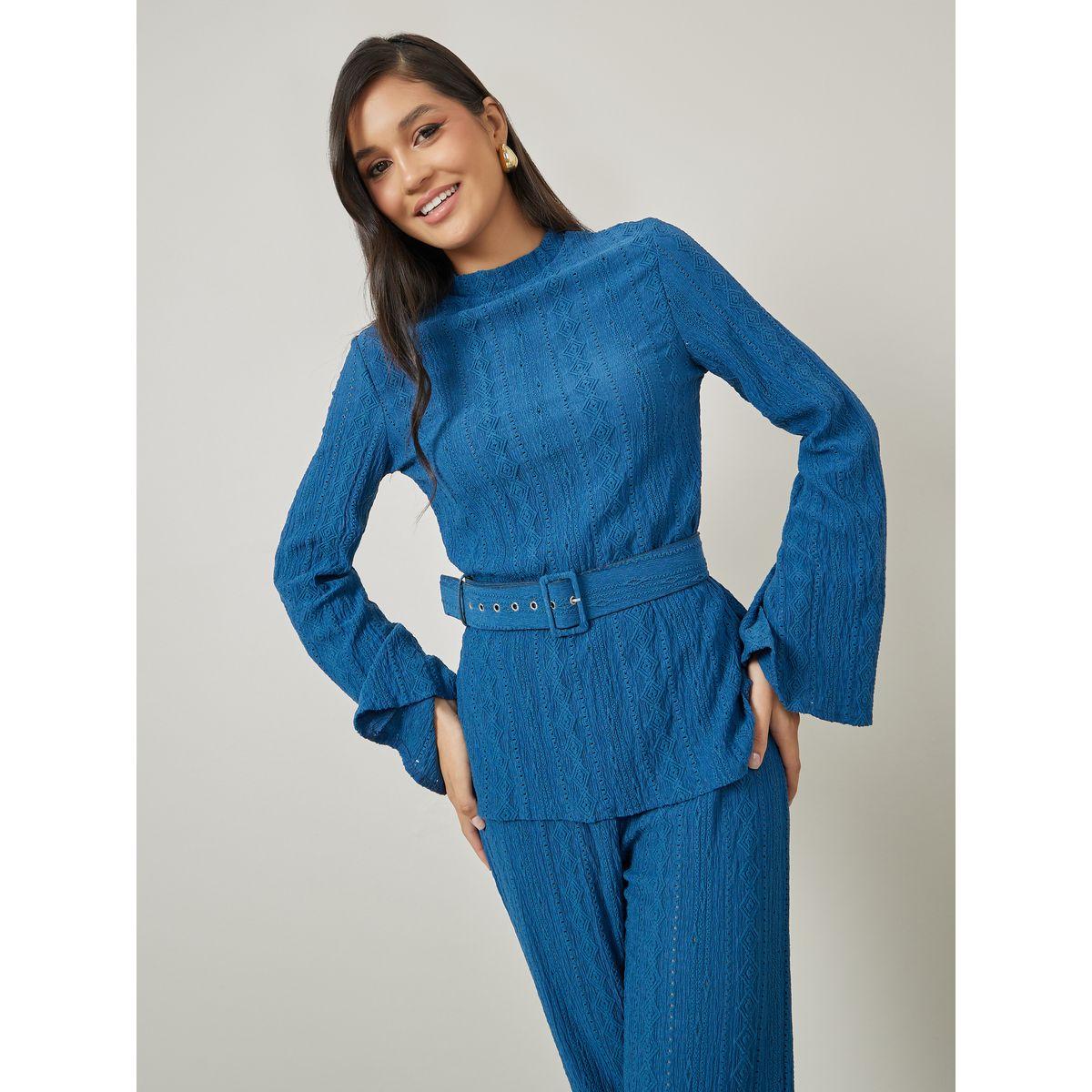 Styli Textured Knit Belted Top & Flared Pants Co-Ords-women-clothing-coordsets-image-3