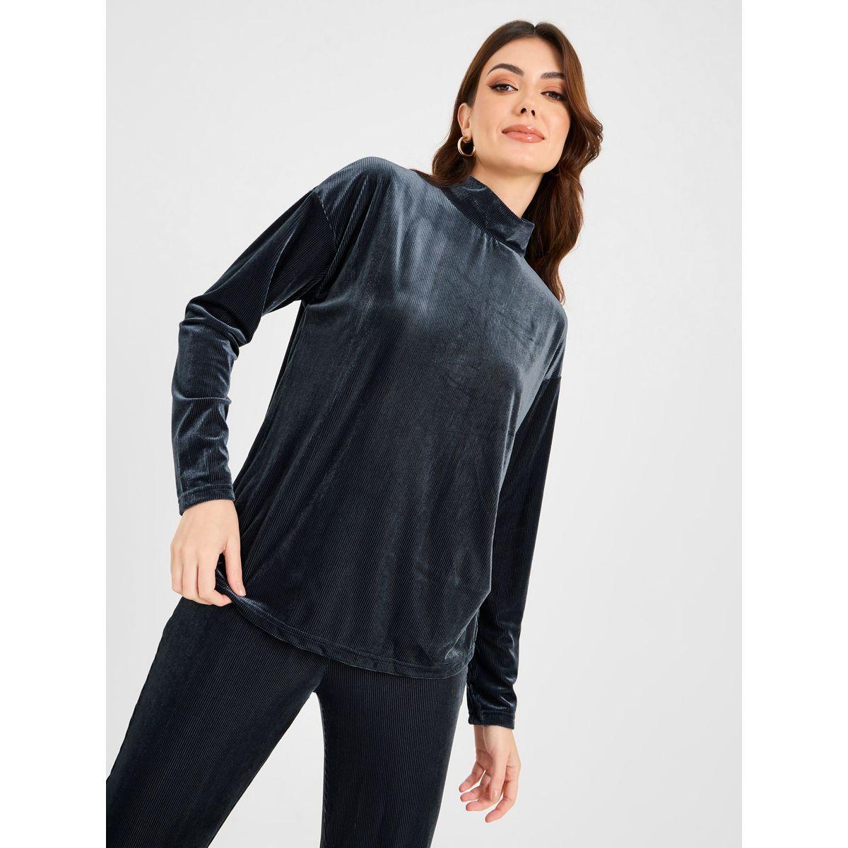 Styli Solid Velour High Neck Top & Flared Pants Co-Ords Set-women-clothing-coordsets-image-3