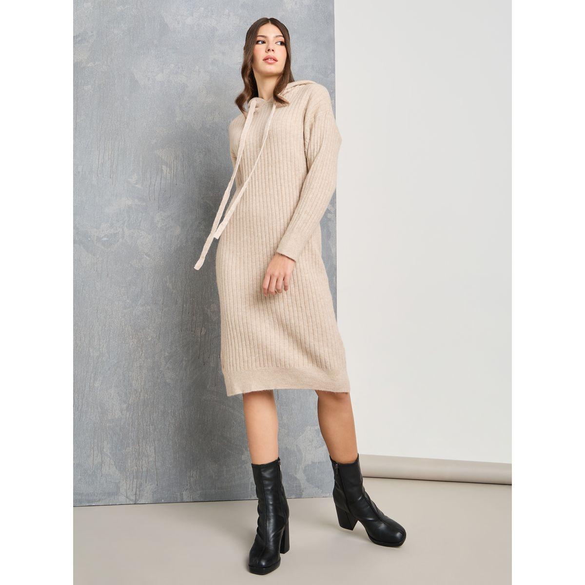 Styli Solid Ribbed Hooded Knit Knee-Length Dress-women-clothing-dresses-image-1